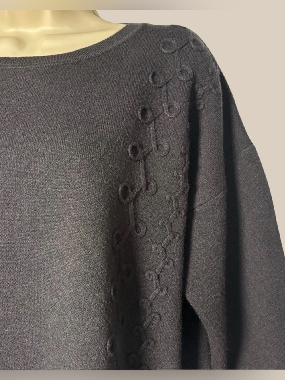 Premise Black Sweater Crew Neck Soutache Embroidered Ribbon Detail Boxy Pullover
